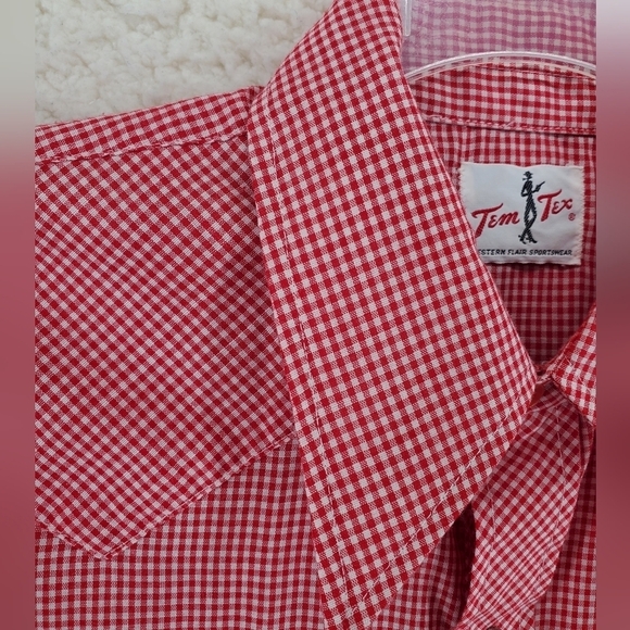 Vtg Tem Tex Shirt Mens 16 Pearl Snap Button Up Gingham Red White Western Cowboy - Picture 9 of 13